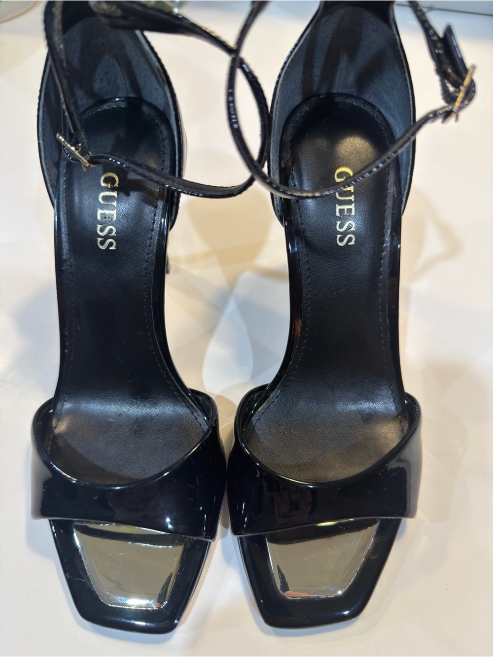 GUESS Chaella Embellished Strappy Stiletto Dress Sandals Chaella Black Patent